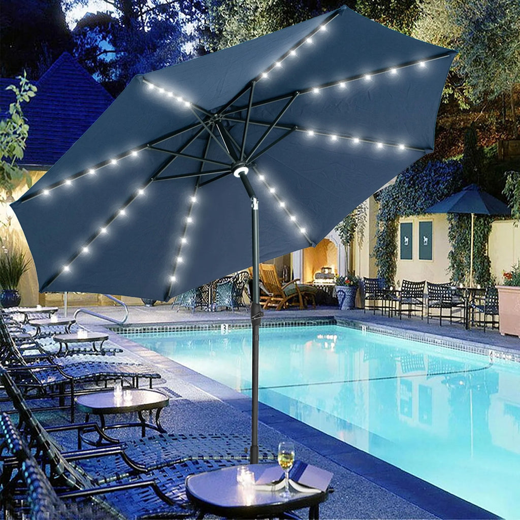10 ft Solar Patio Umbrella with 40 LED Lights, Steel Tilt Crank, Navy Blue M350