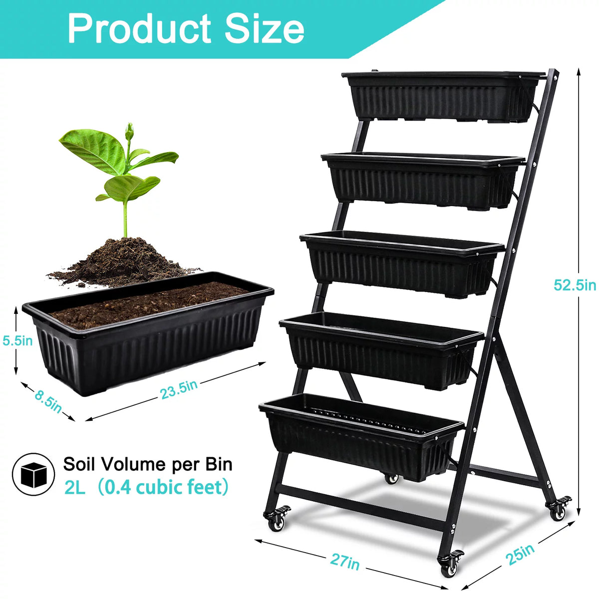 Raised Garden Bed Vertical Garden Freestanding Elevated Planters 5 Container Boxes with Wheels Q7355