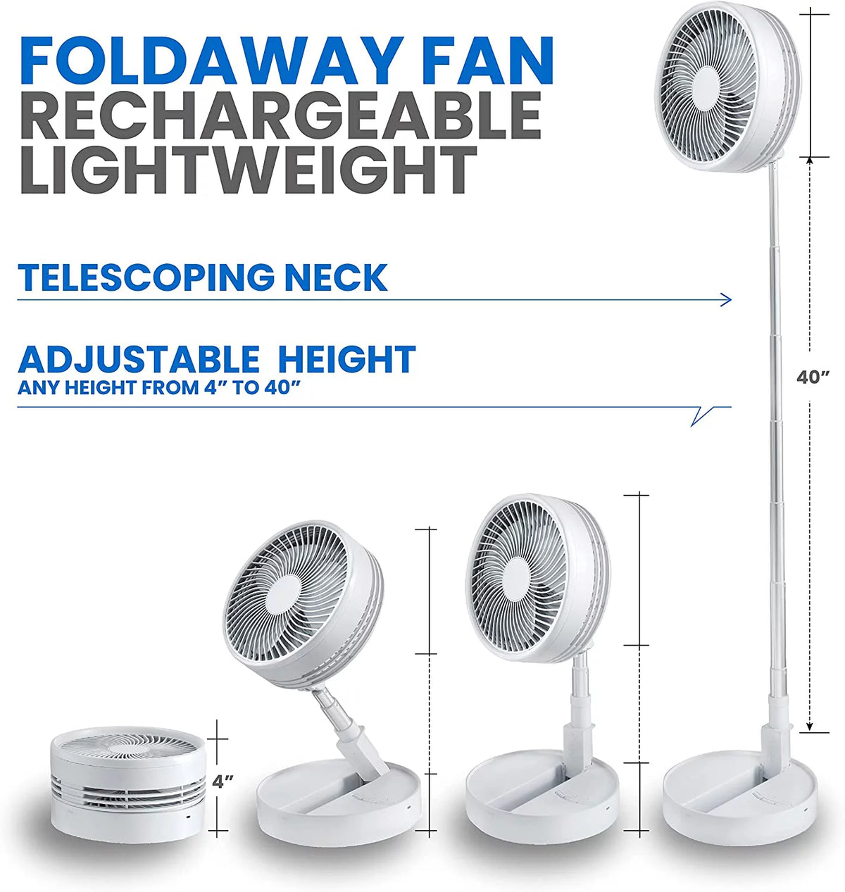 2-in-1 Adjustable Height 40 in. Foldable Portable Rechargeable Floor and Table Fan I210691