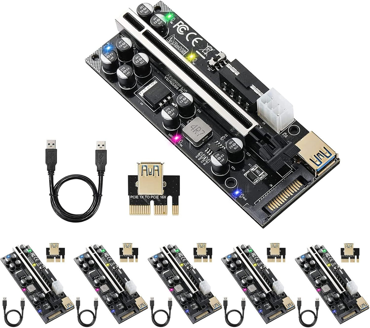 PCIE Riser 10 Solid Capacitors 60cm USB 3.0 Extension Cable 6 Pack O44892