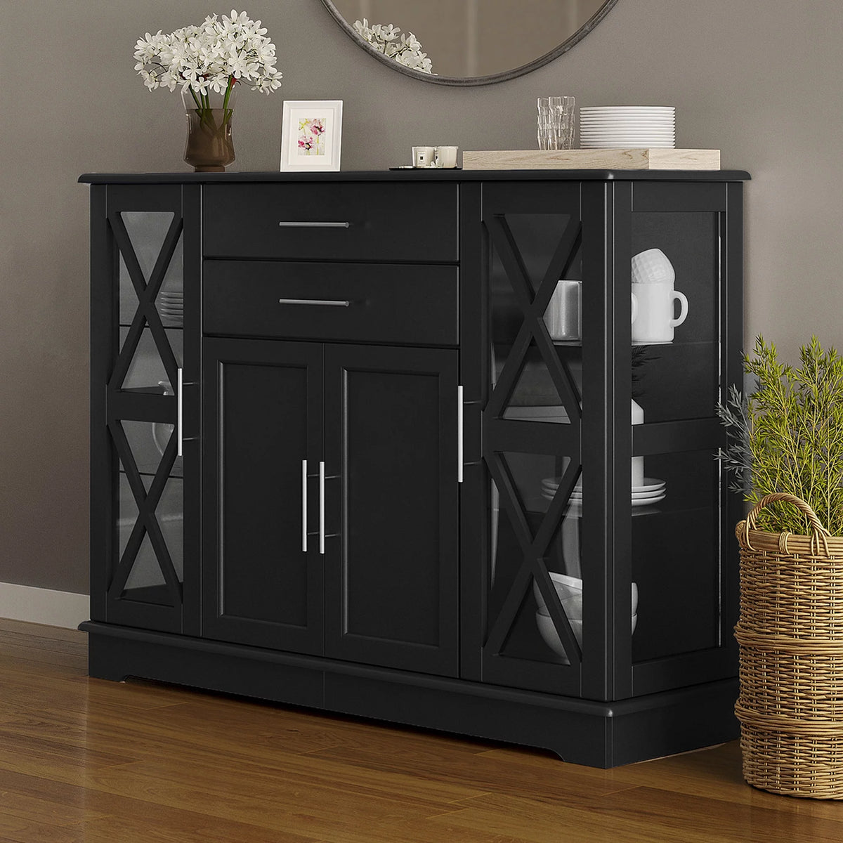 Black Wood Storage Sideboard Buffet Cabinet R59895