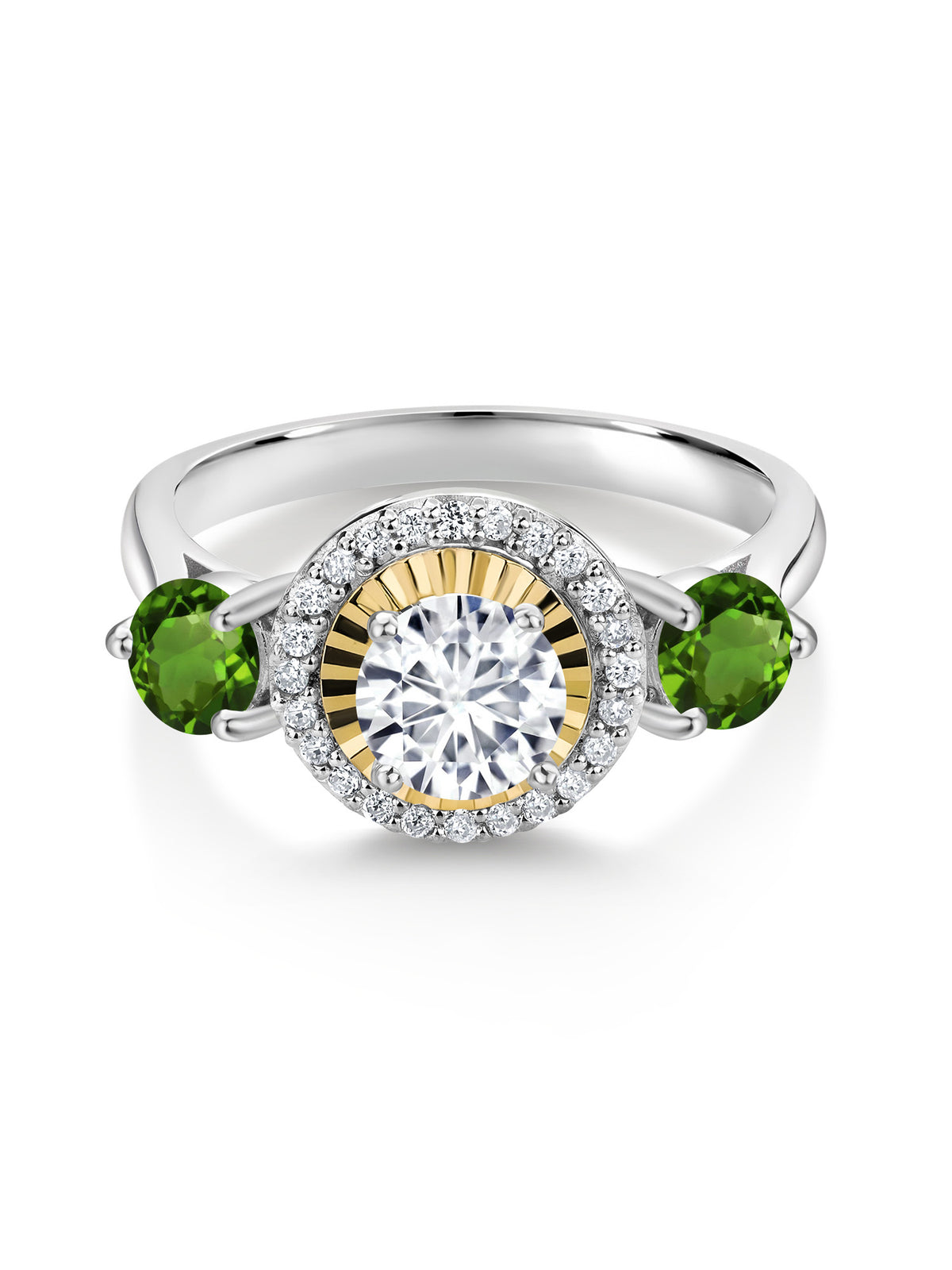 1.12 Ct Lab Grown Diamond Green Tourmaline 925 Silver 10K Yellow Gold 3 Stone Engagement Ring G568