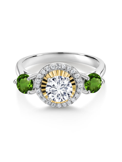 1.12 Ct Lab Grown Diamond Green Tourmaline 925 Silver 10K Yellow Gold 3 Stone Engagement Ring G568