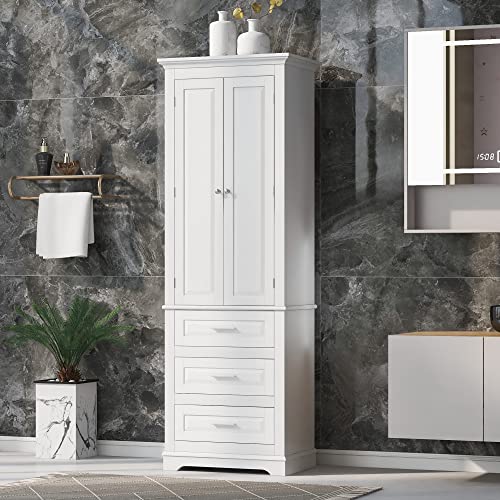 White 2 Door Tall Bathroom Storage Cabinet with 3 Drawers and Adjustable Shelves J706468