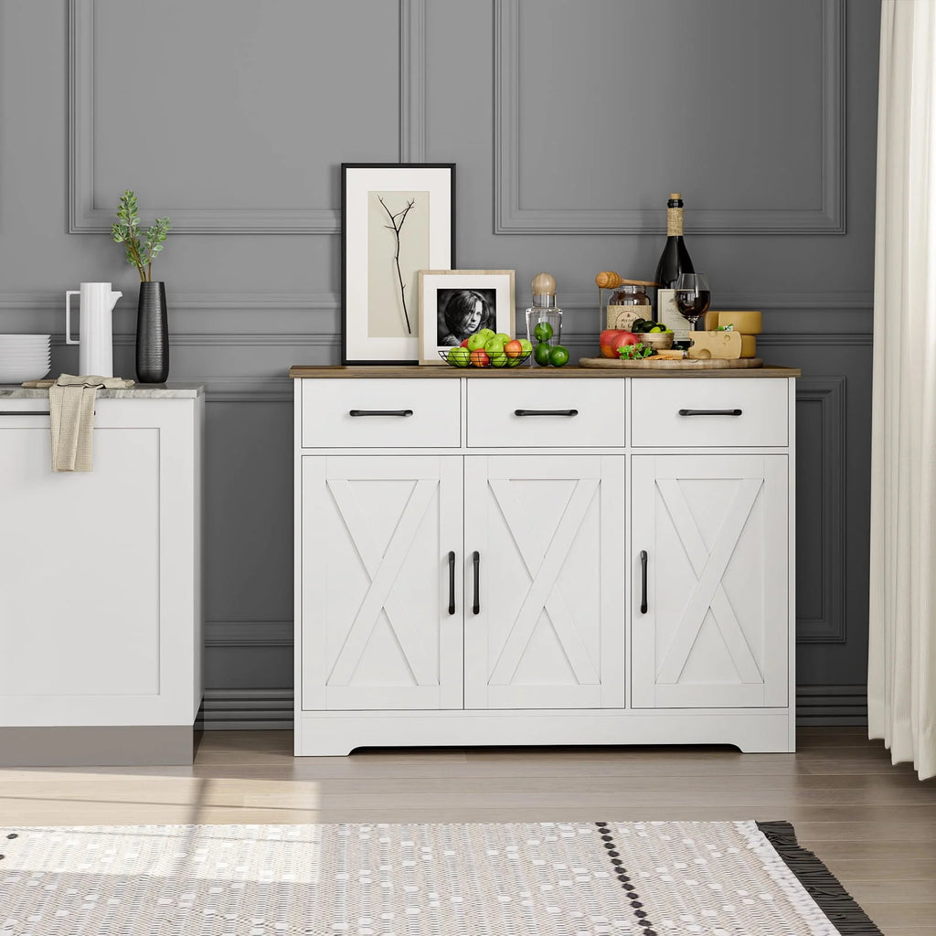White 3 Drawer Kitchen Buffet Sideboard Cabinet with Adjustable Shelf D381