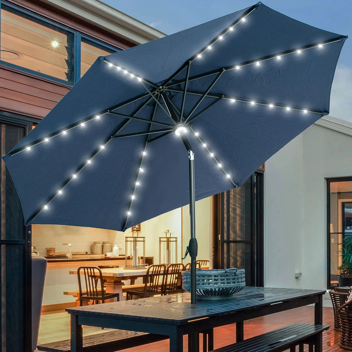 10 ft Solar Patio Umbrella with 40 LED Lights, Steel Tilt Crank, Navy Blue M350