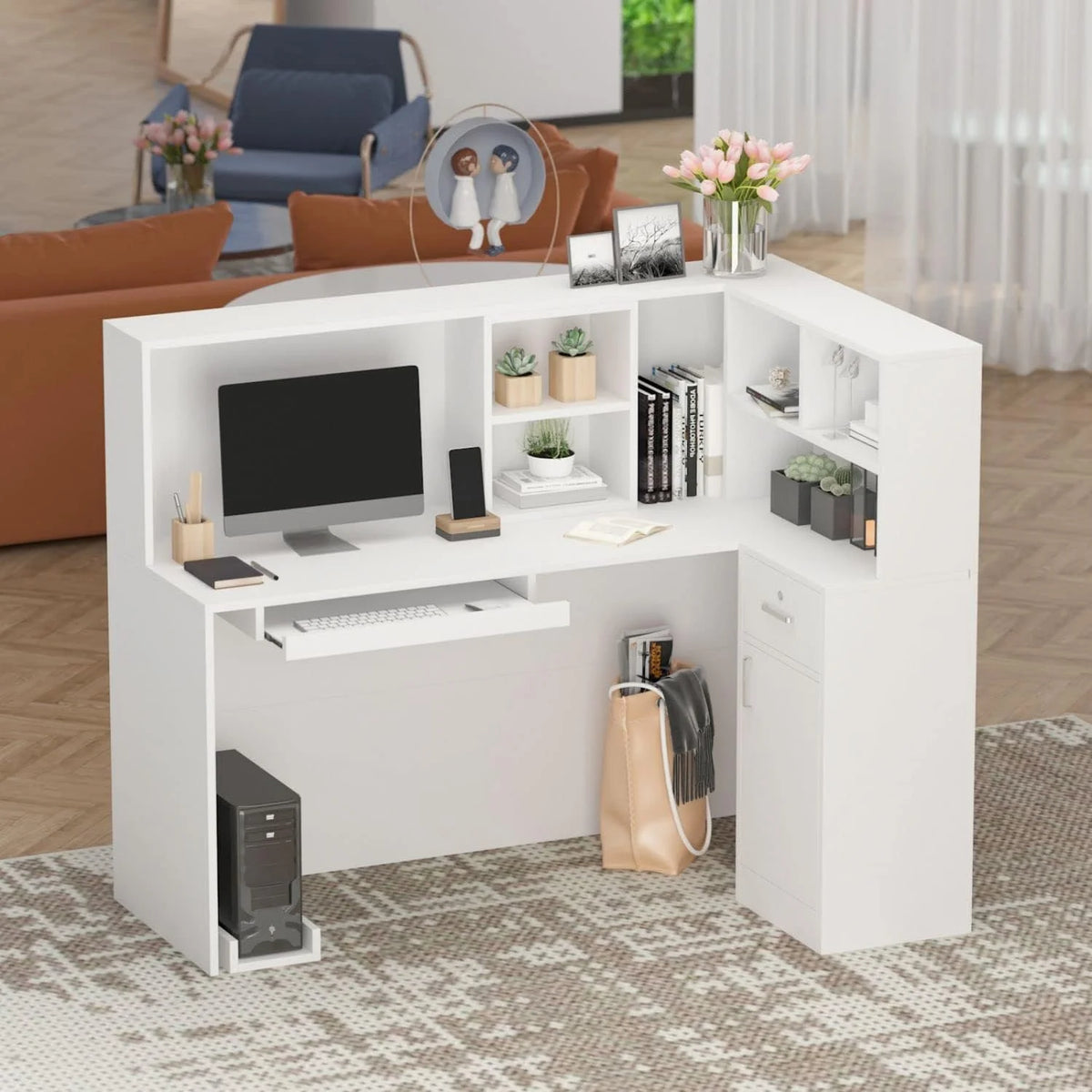 Modern Reception Desk with Storage Shelves and Drawers White U7509