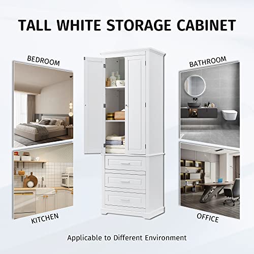 White 2 Door Tall Bathroom Storage Cabinet with 3 Drawers and Adjustable Shelves J706468