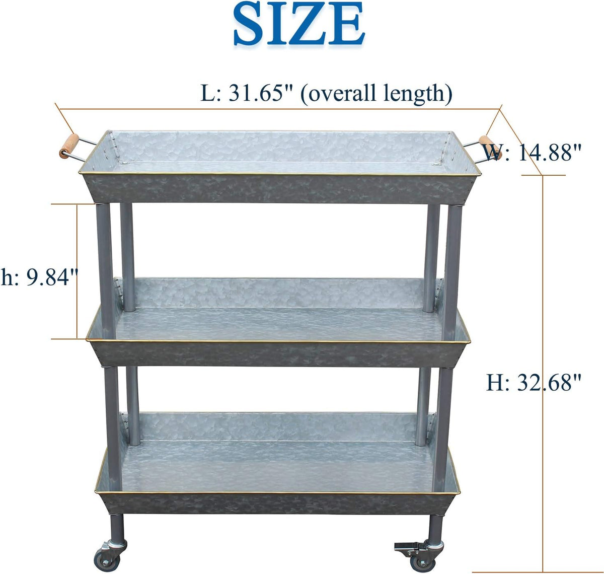 3 Tier Galvanized Metal Utility Cart with Wheels V9758