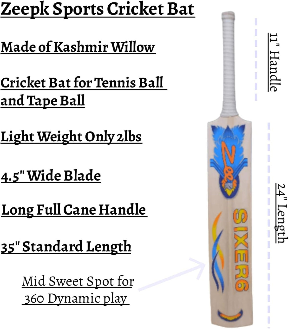 Full Size 4.5" Wide 35" Adult Full Cane Long Handle Kashmir Willow Cricket Bat D52209