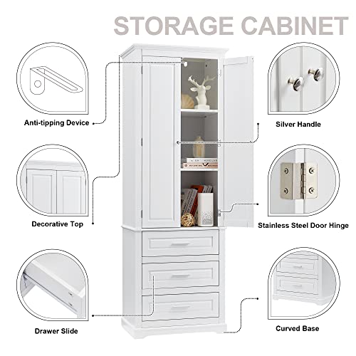 White 2 Door Tall Bathroom Storage Cabinet with 3 Drawers and Adjustable Shelves J706468