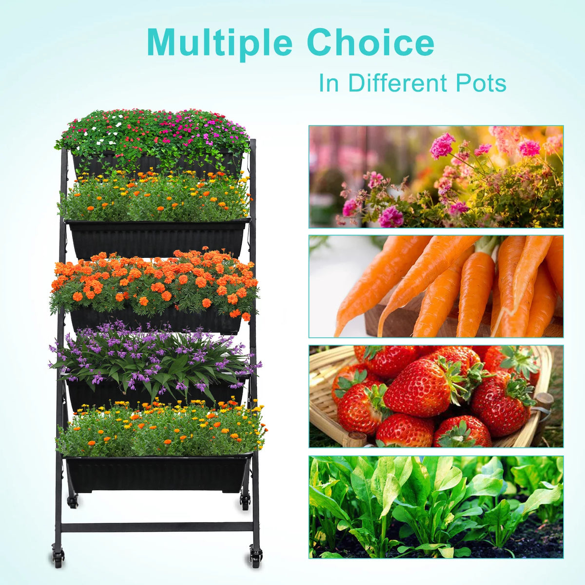 Raised Garden Bed Vertical Garden Freestanding Elevated Planters 5 Container Boxes with Wheels Q7355
