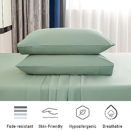 Queen Size 100% Cotton 600 Thread Count Sateen Bed Sheets 4 Pieces Set Sage Green I81940
