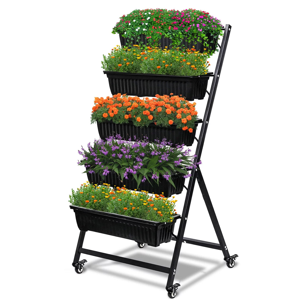 Raised Garden Bed Vertical Garden Freestanding Elevated Planters 5 Container Boxes with Wheels Q7355