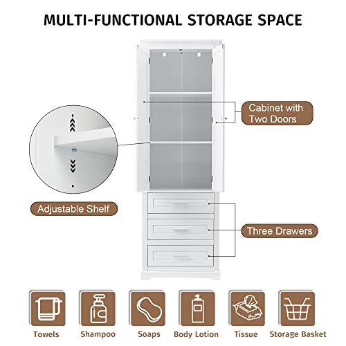 White 2 Door Tall Bathroom Storage Cabinet with 3 Drawers and Adjustable Shelves J706468