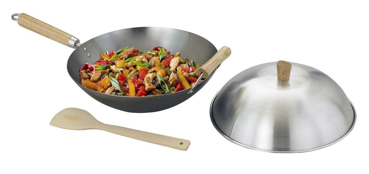 14-inch Carbon Steel Lidded Wok Stir Fry Pan Set P2741