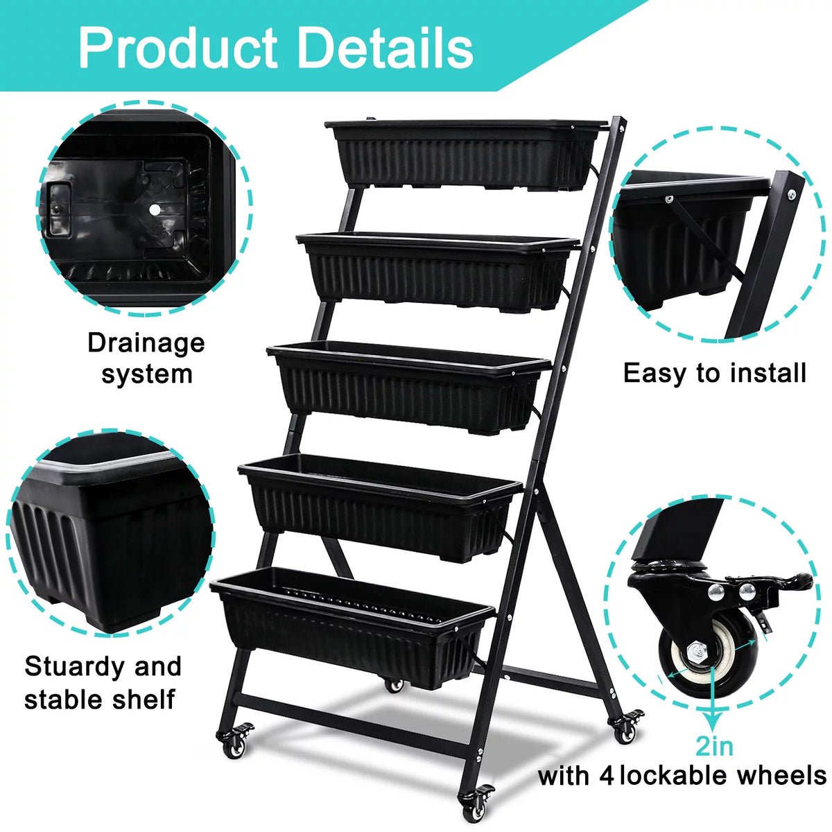 Raised Garden Bed Vertical Garden Freestanding Elevated Planters 5 Container Boxes with Wheels Q7355