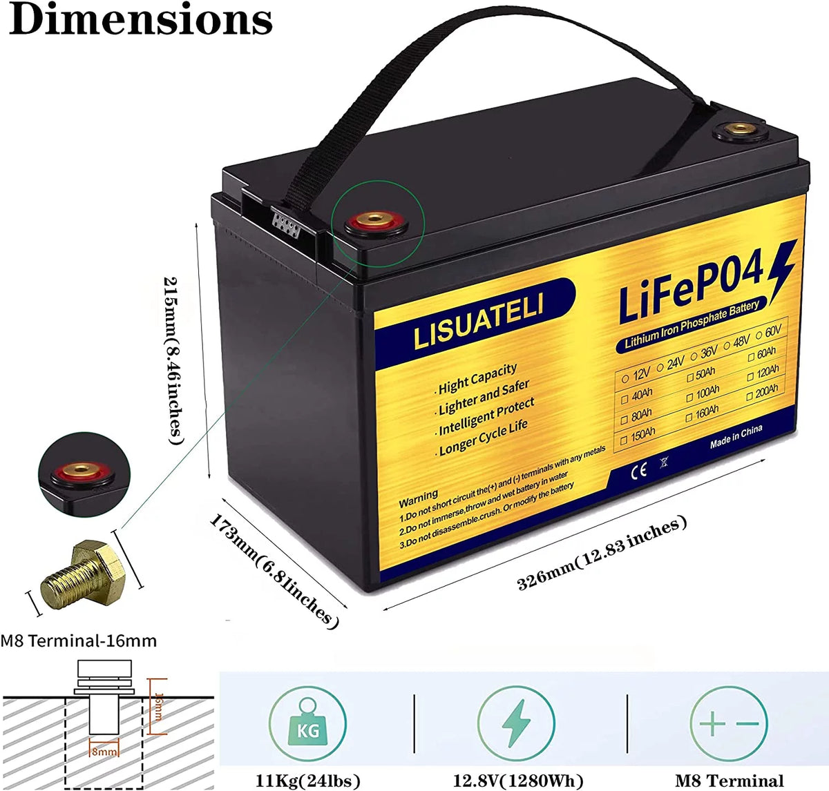 12V 100Ah Lifepo4 Lithium Battery with 100A BMS E3205