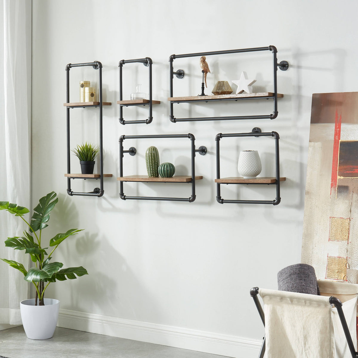 Sand Black 5-Piece Industrial Pipe Wall Shelf Set T907925