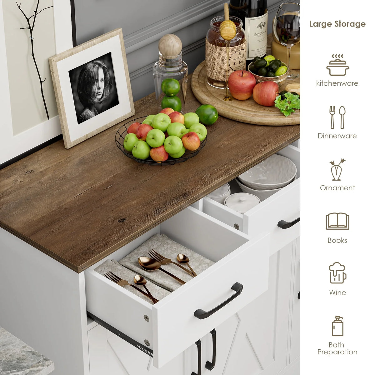 White 3 Drawer Kitchen Buffet Sideboard Cabinet with Adjustable Shelf D381
