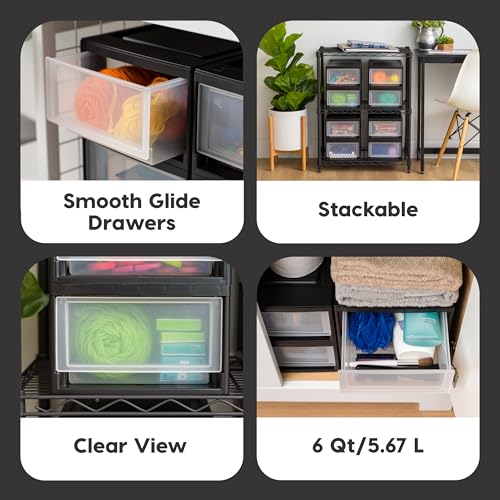 6 Qt. Plastic 4-Pack Stackable Drawer Storage Organizer, Black I13730
