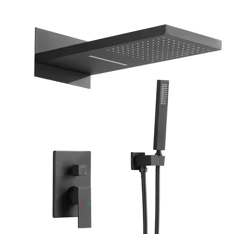 1-Handle 3-Spray Wall Mount Shower Faucet with 9 in. Waterfall Shower Head in Matte Black E3274