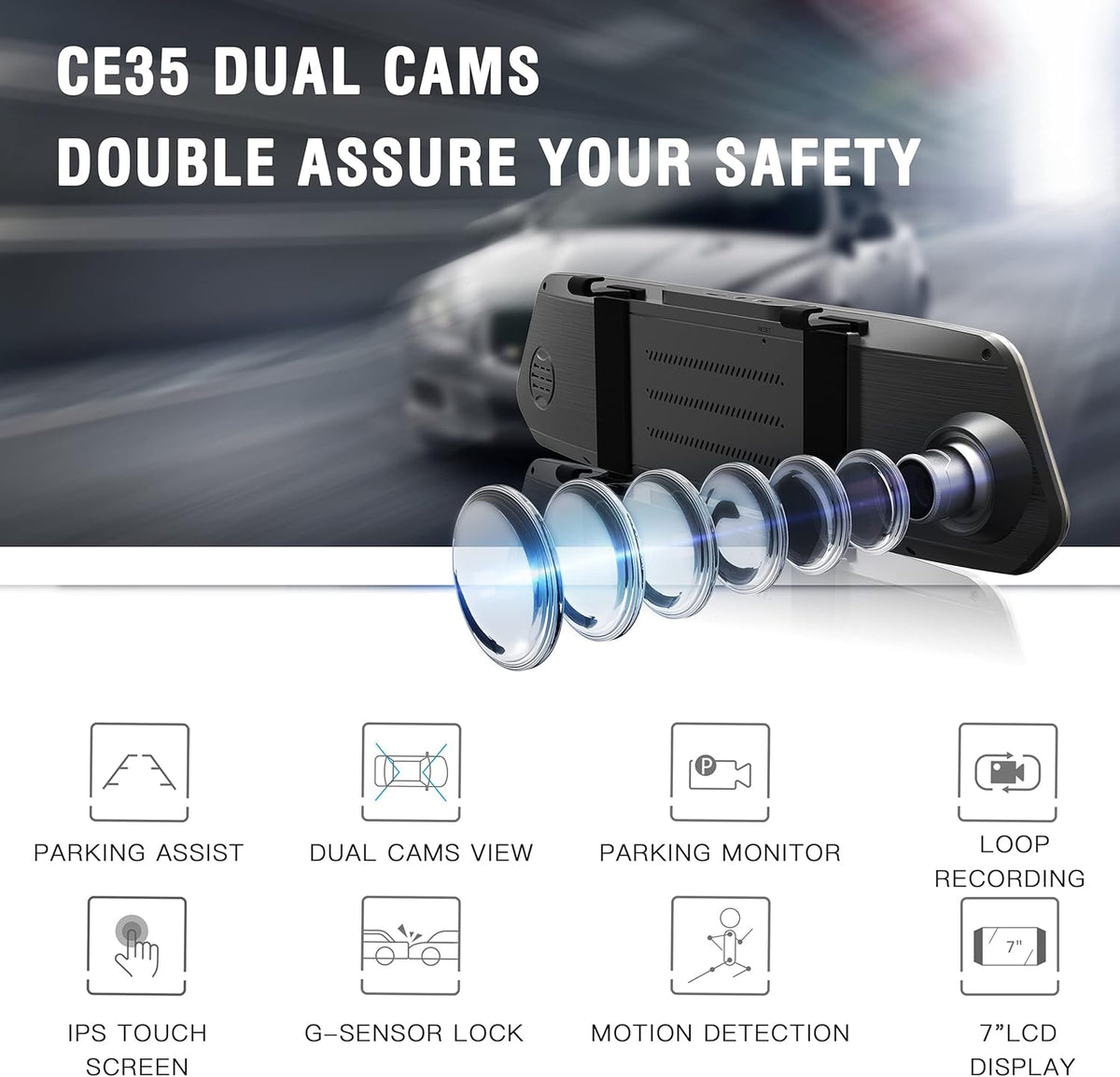 7 Dual Mirror Dash Cam Front and Rear FHD 1080P Touchscreen Waterproof Backup Camera X648