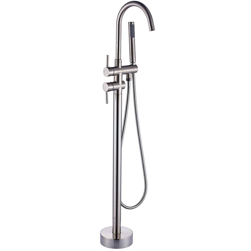 Freestanding Floor Mount 2-Handle Bath Tub Filler Faucet with Handheld Shower in Brushed Nickel L119