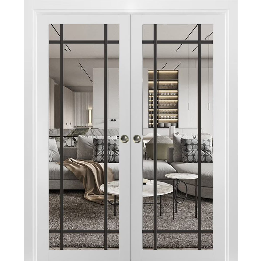 White Silk Clear Glass Solid Wood Sliding French Double Pocket Doors L32978
