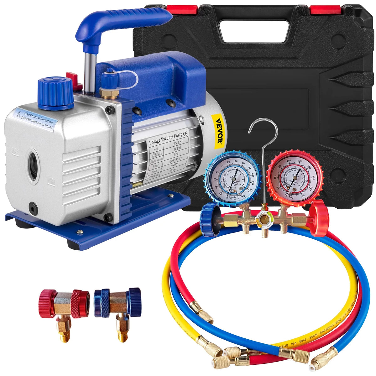4CFM 1/4HP Single Stage Rotary Vane Vacuum Pump with AC Manifold Gauge Set Z284613