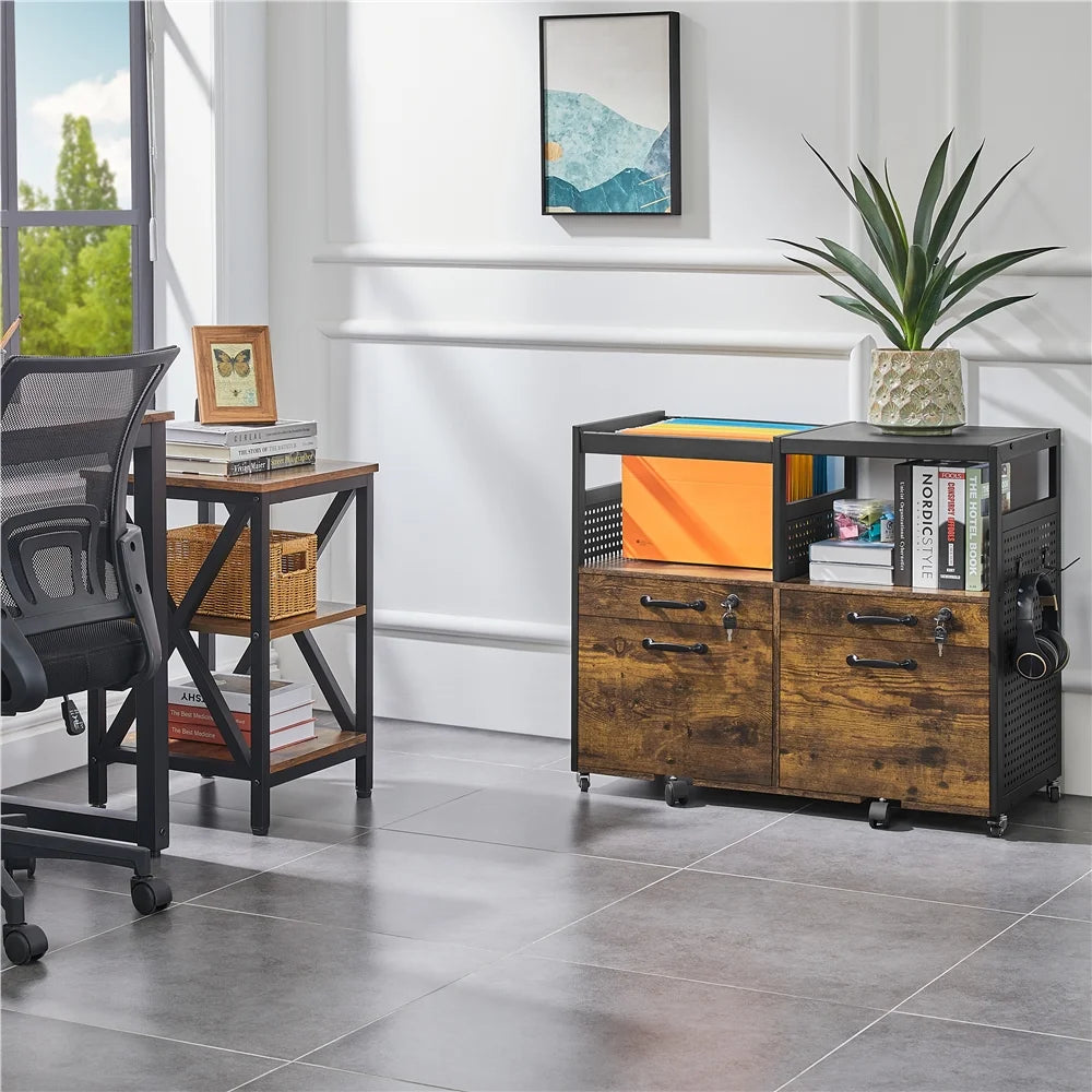 Rustic Brown Rolling Lateral File Cabinet D378