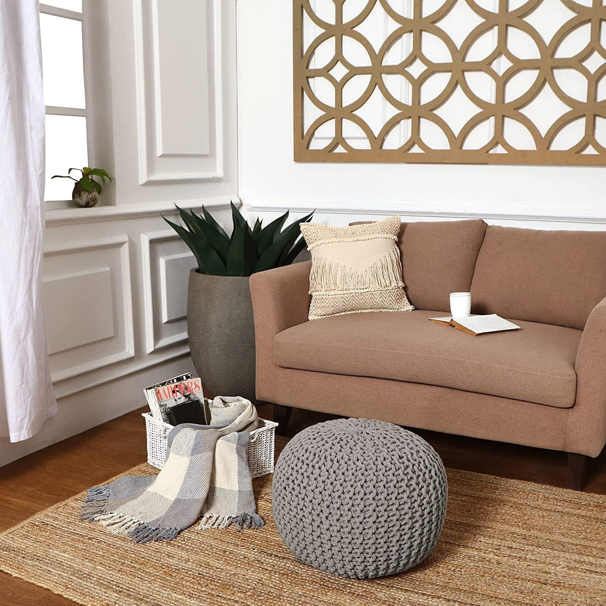 Round Cable Knitted Pouf Ottoman 18”x18”x14” Gray U723207