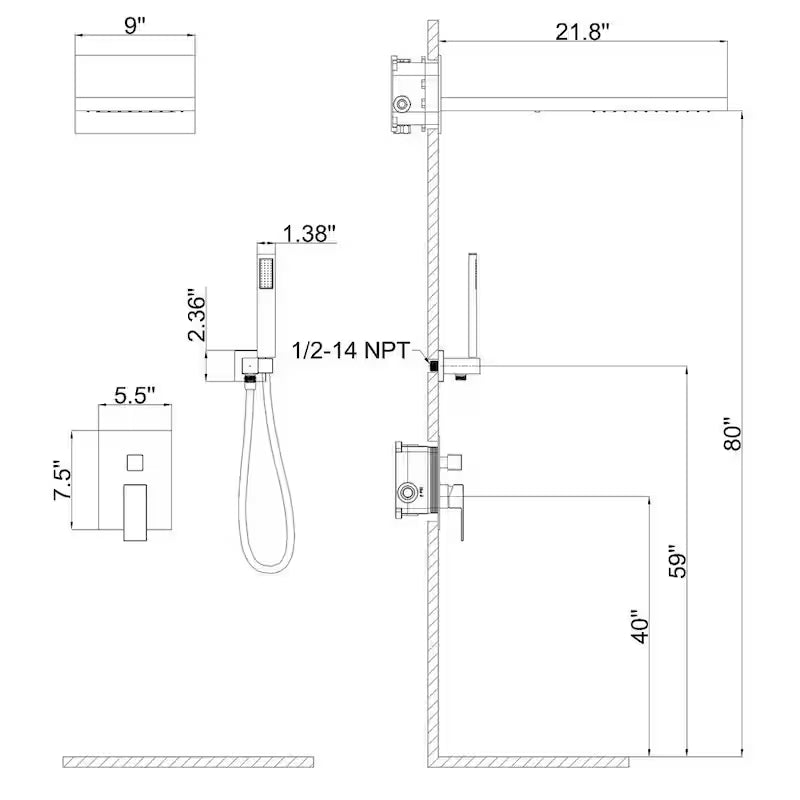 1-Handle 3-Spray Wall Mount Shower Faucet with 9 in. Waterfall Shower Head in Matte Black E3274
