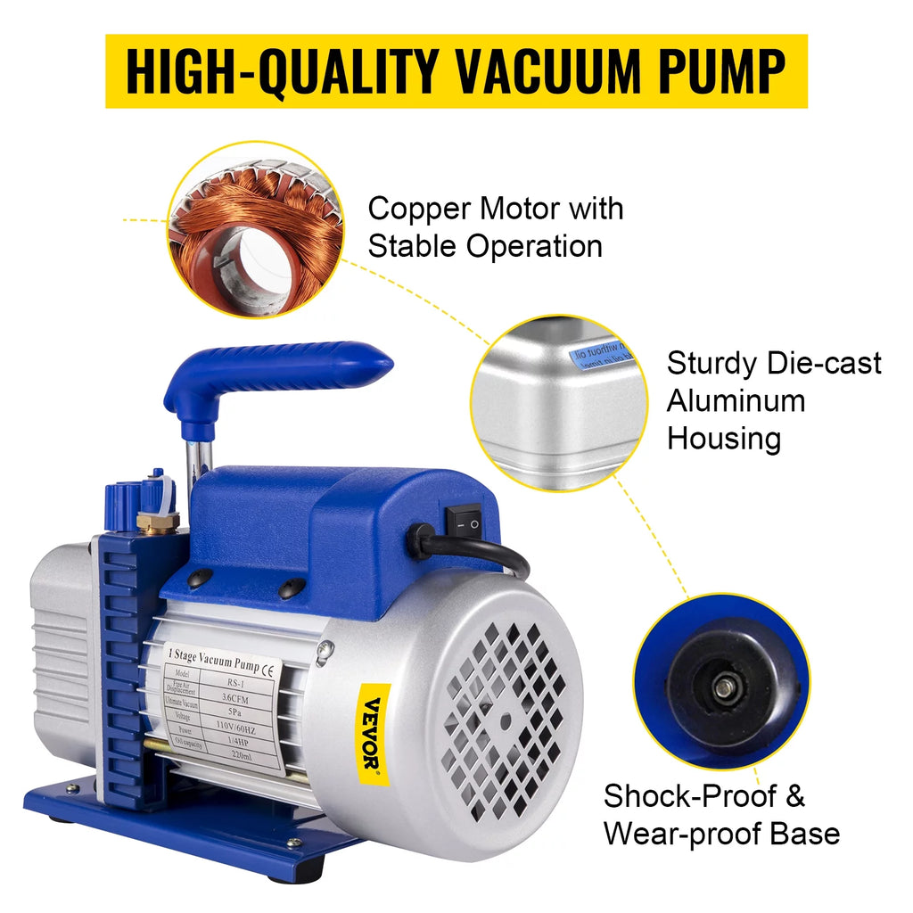 4CFM 1/4HP Single Stage Rotary Vane Vacuum Pump with AC Manifold Gauge Set Z284613