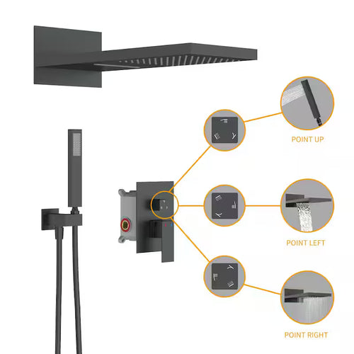 1-Handle 3-Spray Wall Mount Shower Faucet with 9 in. Waterfall Shower Head in Matte Black E3274