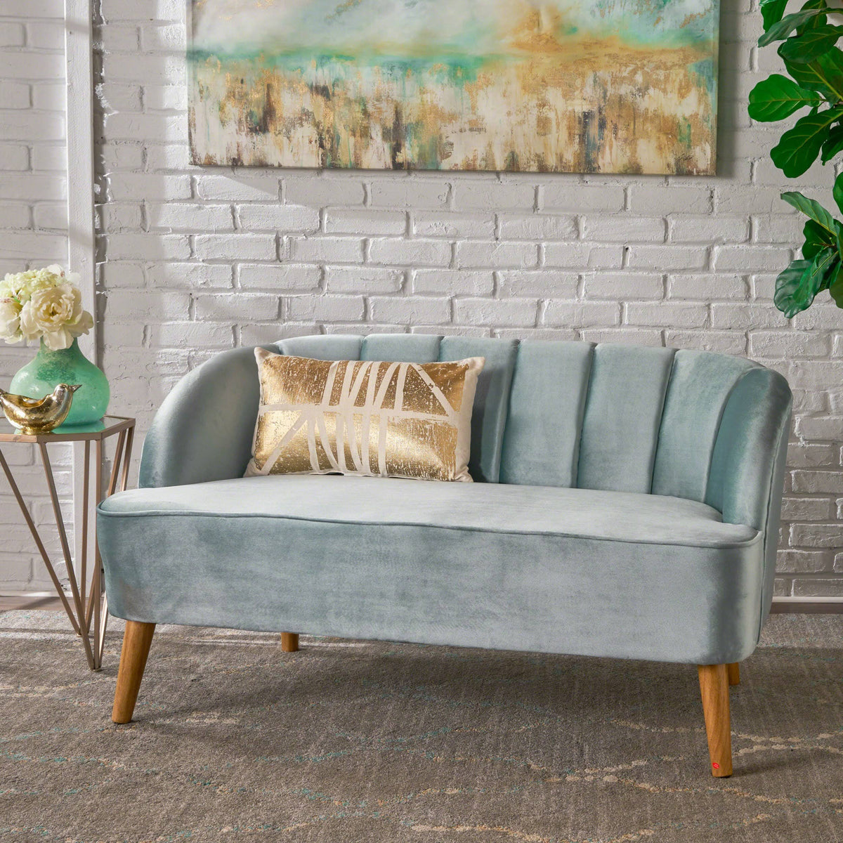 Seafoam Blue Velvet Settee Q69948