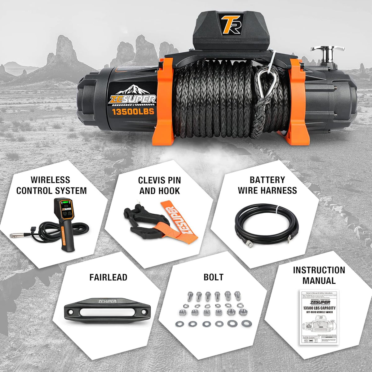 12V 13500 lb Load Capacity Electric Winch with Synthetic Rope and Wireless Remote J852
