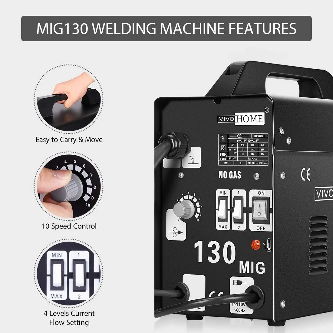 Portable No Gas MIG 130 Welder Machine 110V Black V6842