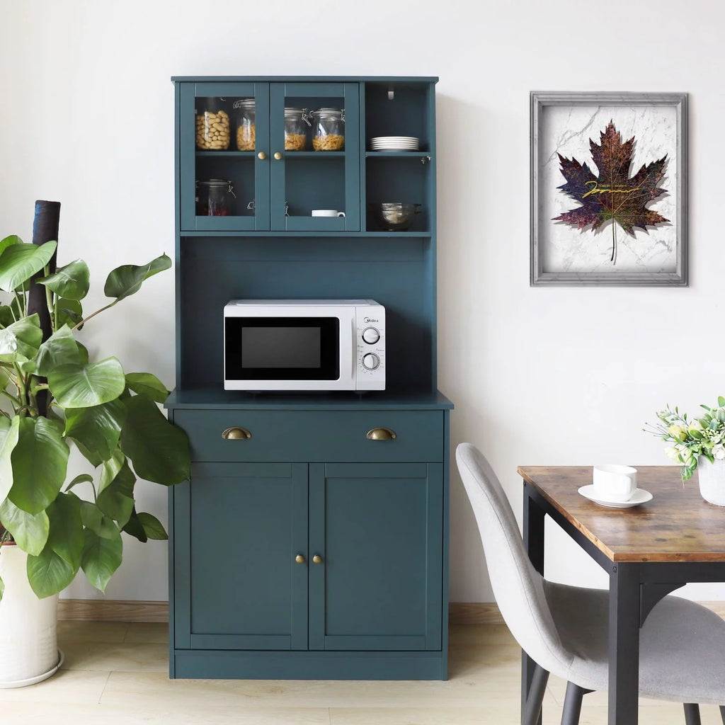 72'' Kitchen Pantry Cabinet with Microwave Stand Blue W63850
