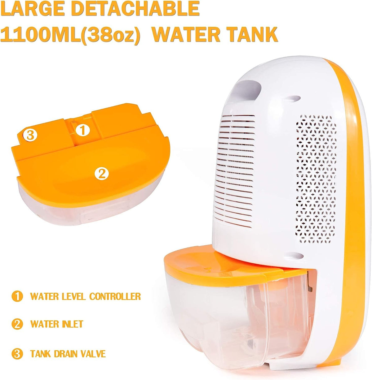 Orange Portable Dehumidifier with Auto Shut-off, 1100ml Water Tank C459