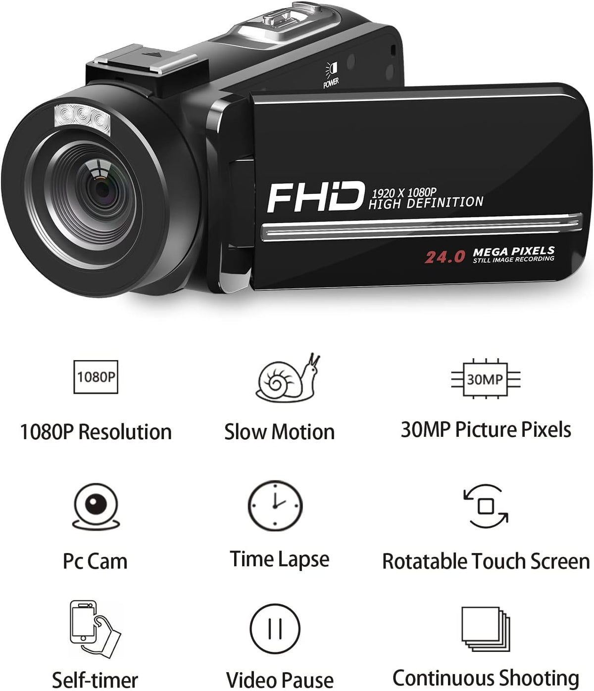 1080P 30MP Vlogging Camera Camcorder with External Microphone, Mini Tripod, 2 Batteries and 32GB SD Card U2485
