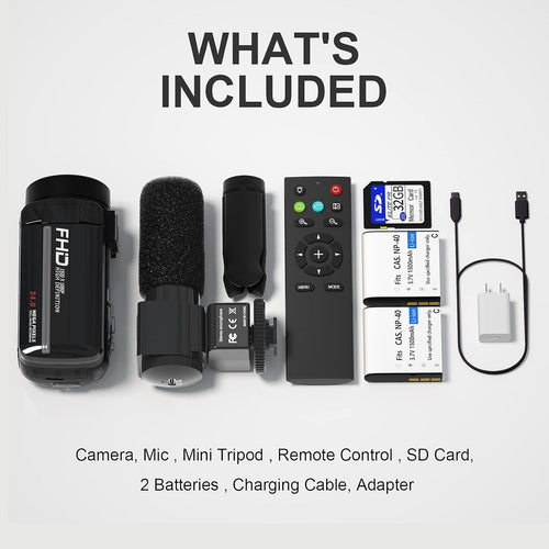 1080P 30MP Vlogging Camera Camcorder with External Microphone, Mini Tripod, 2 Batteries and 32GB SD Card U2485