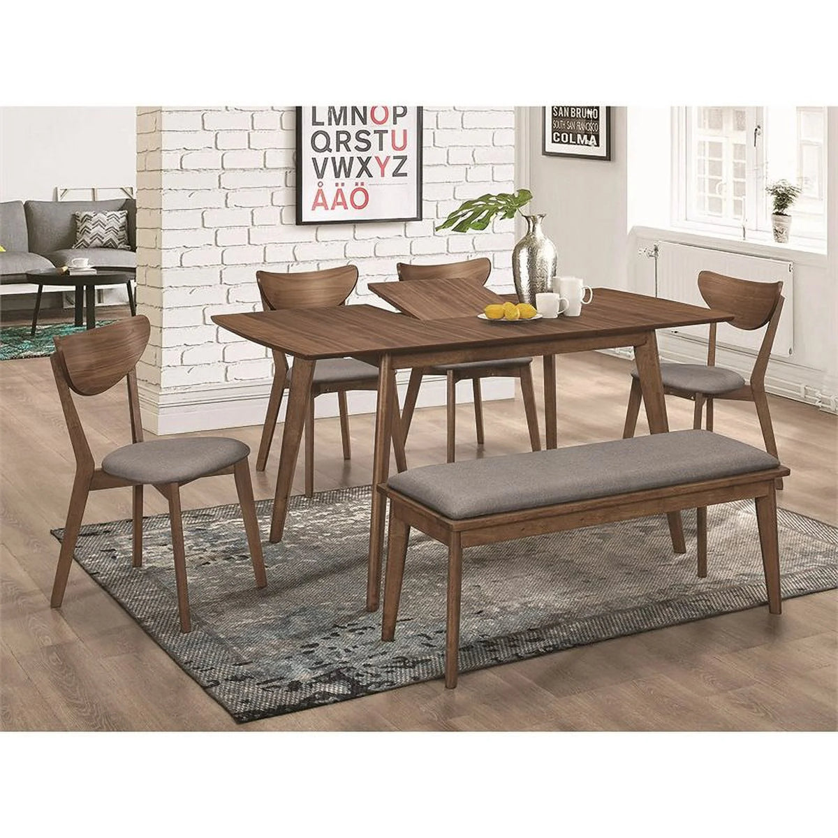 Grey and Natural Walnut Upholstered Dining Bench Y53800