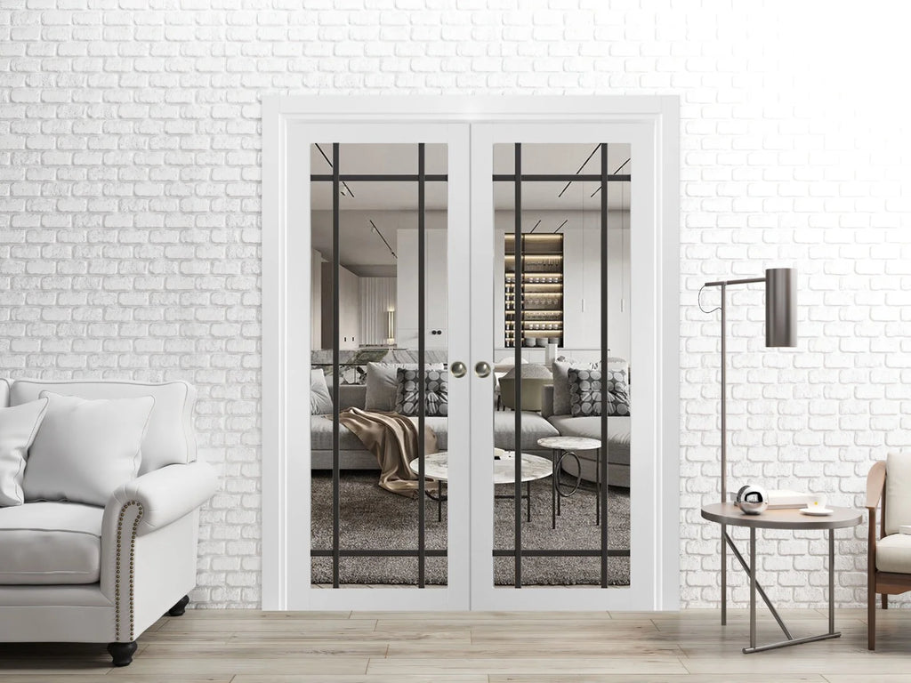 White Silk Clear Glass Solid Wood Sliding French Double Pocket Doors L32978