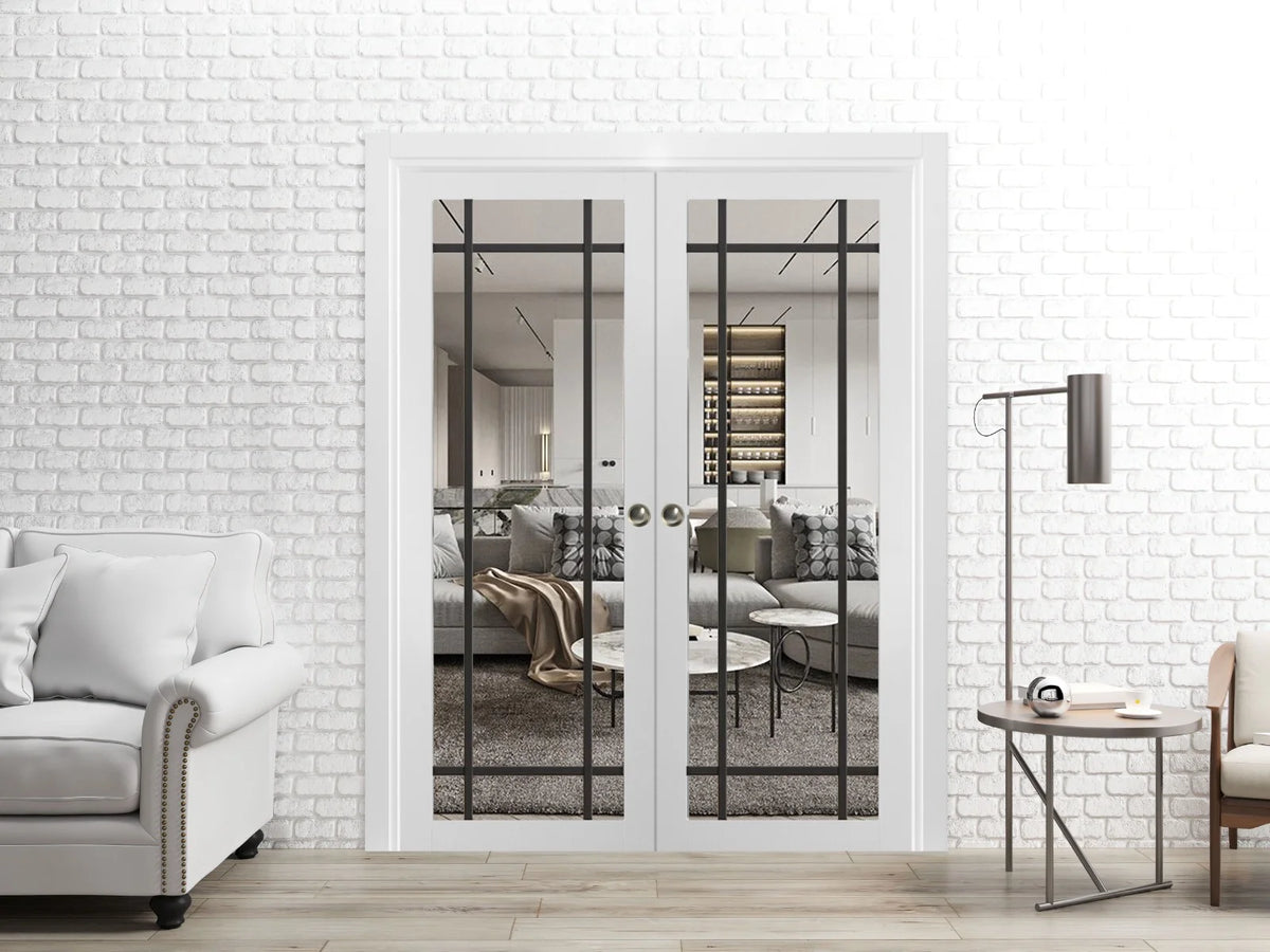 White Silk Clear Glass Solid Wood Sliding French Double Pocket Doors L32978