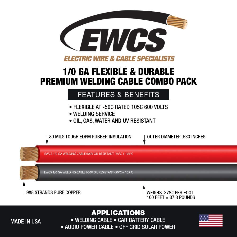 1/0 Gauge 25 Feet Black + Red Welding Cable D334937