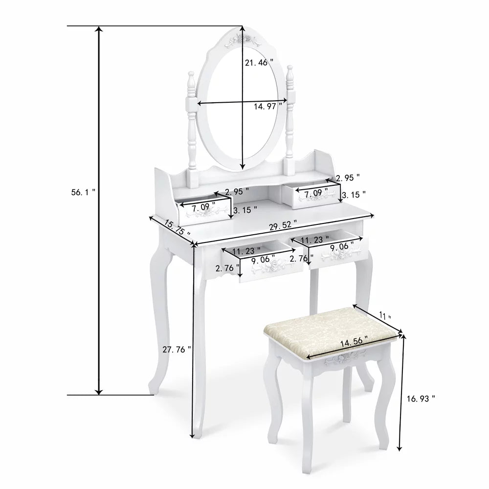 White 4 Drawer Vanity Table with Removable Mirror L836