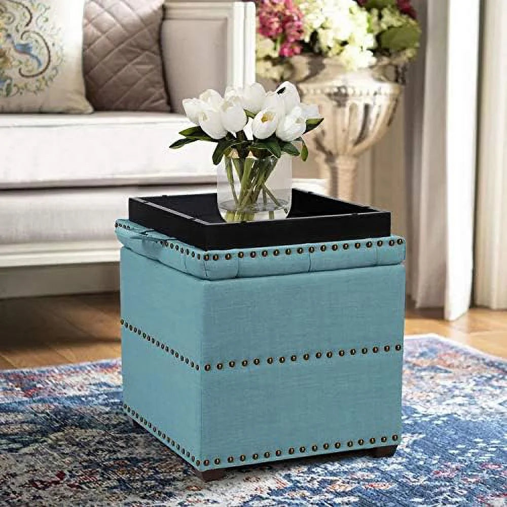 Sky Blue Ottoman Cube Foot Stool with Tray Lid T23334