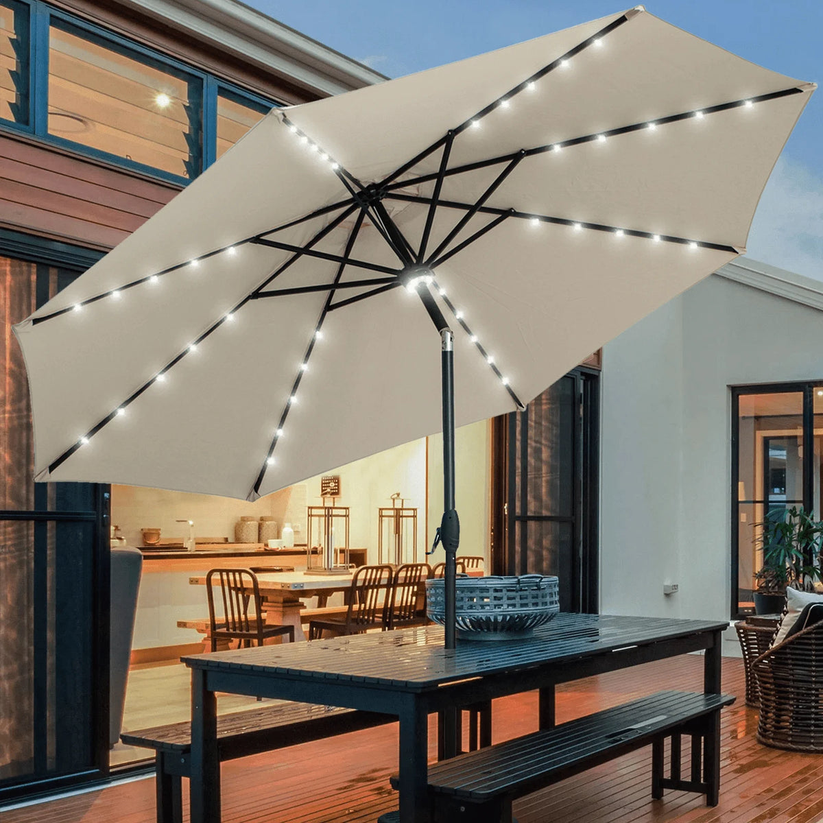 10 ft Solar Patio Umbrella with 40 LED Lights, Steel Tilt Crank, Navy Blue M350