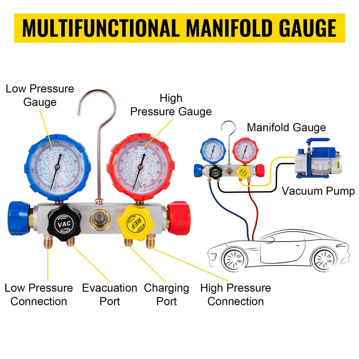 4CFM 1/4HP Single Stage Rotary Vane Vacuum Pump with AC Manifold Gauge Set Z284613